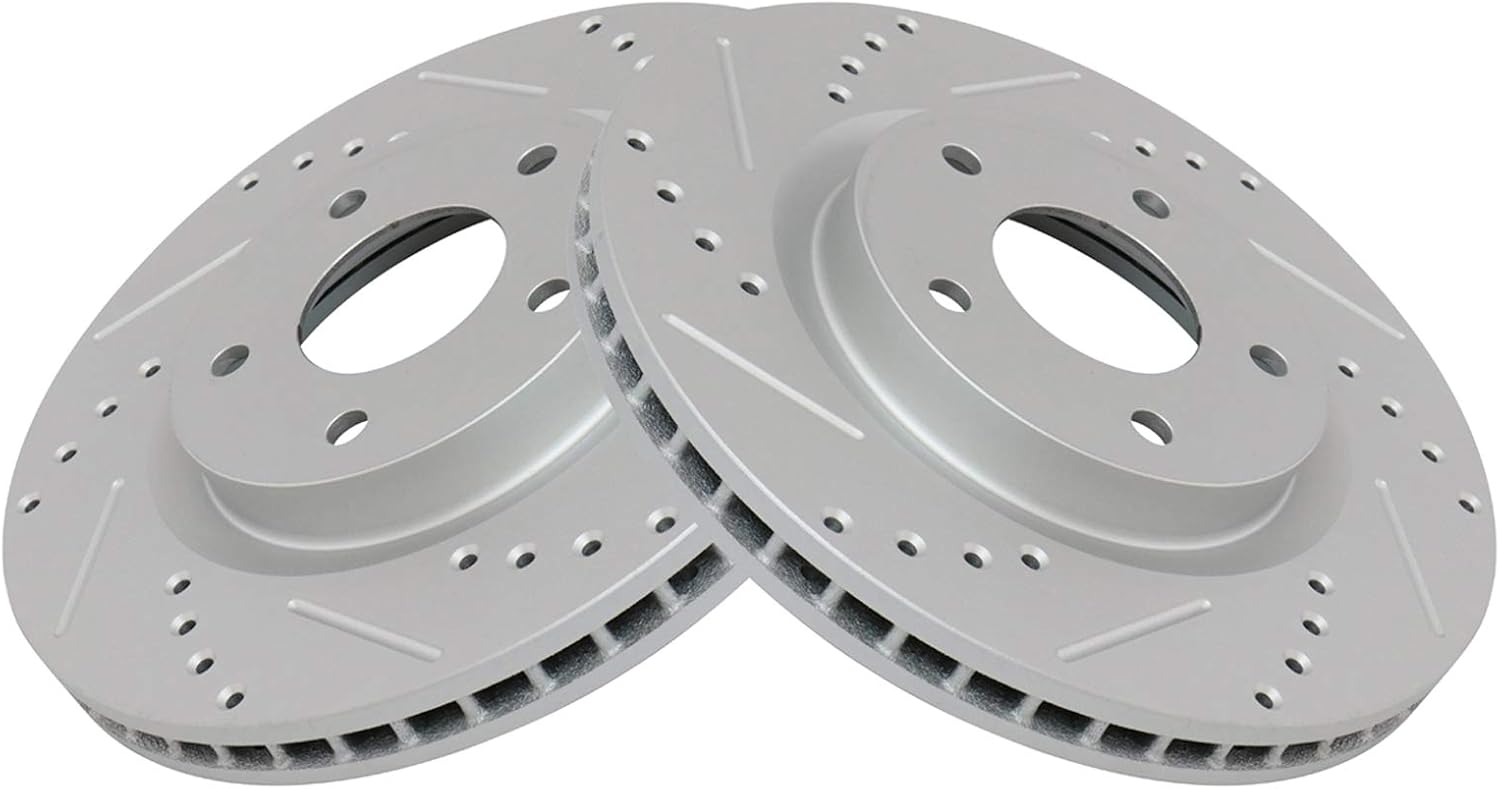 TRQ Performance Front Brake Pad and Rotor Set Ceramic Coated Drilled Slotted Vented Rotors Compatible with 2008-2013 Nissan Rogue 2014-2015 Rogue Select 2007-2008 Sentra