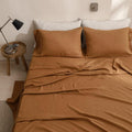 Simple&Opulence 100% Washed Linen Sheet Set Basic Style 3 Pieces (1 Flat Sheet & 1 Fitted Sheet & 1 Pillowcase) Natural French Flax Soft Breathable Farmhouse Bedding (Twin, Rust)