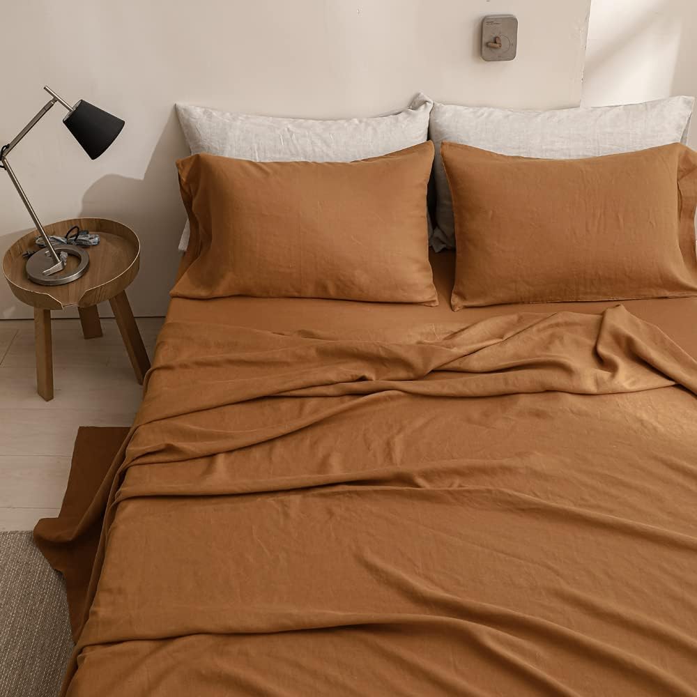 Simple&Opulence 100% Washed Linen Sheet Set Basic Style 3 Pieces (1 Flat Sheet & 1 Fitted Sheet & 1 Pillowcase) Natural French Flax Soft Breathable Farmhouse Bedding (Twin, Rust)