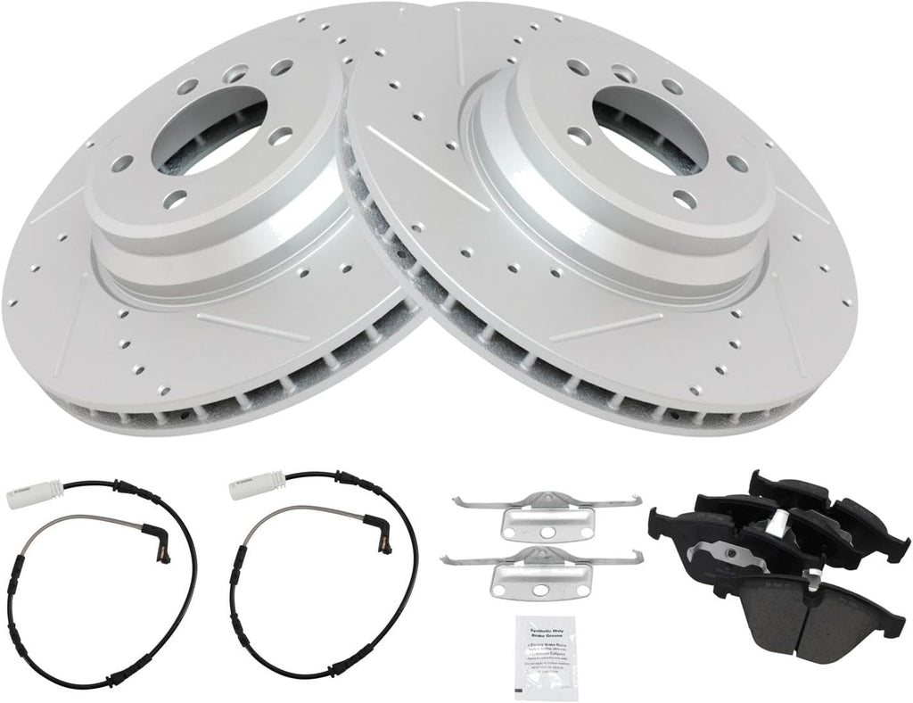 TRQ Performance Front Brake Pad and Rotor Set Ceramic Slotted Drilled G Coated Rotors Wear Sensor Compatible with 2007-2010 BMW 335i 2009-2010 335d 2010 335i xDrive