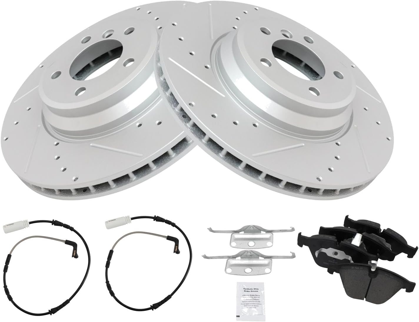 TRQ Performance Front Brake Pad and Rotor Set Ceramic Slotted Drilled G Coated Rotors Wear Sensor Compatible with 2007-2010 BMW 335i 2009-2010 335d 2010 335i xDrive