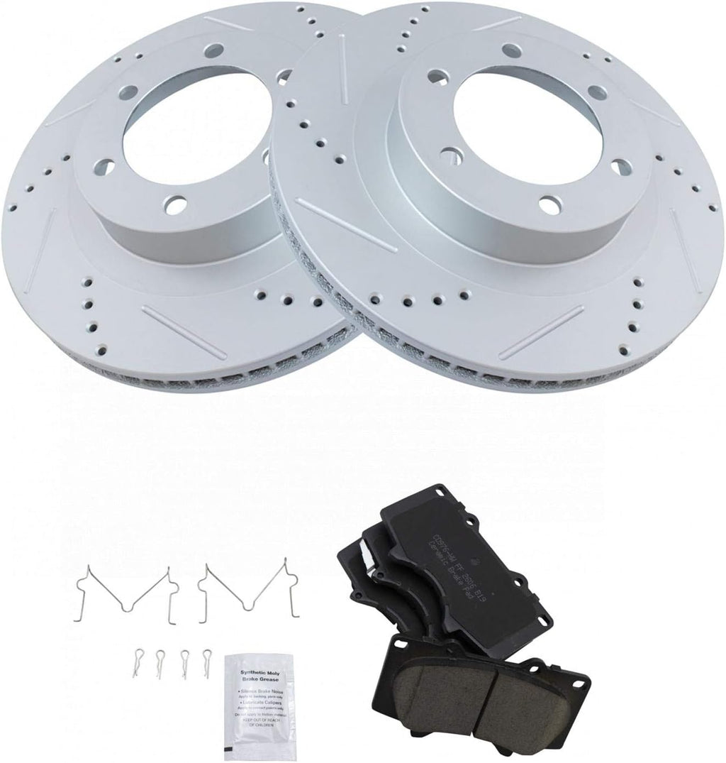 TRQ Performance Front Brake Pad and Rotor Set Ceramic Coated Drilled Slotted Vented Rotors Compatible with 2003-2009 Lexus GX470 Toyota 4Runner