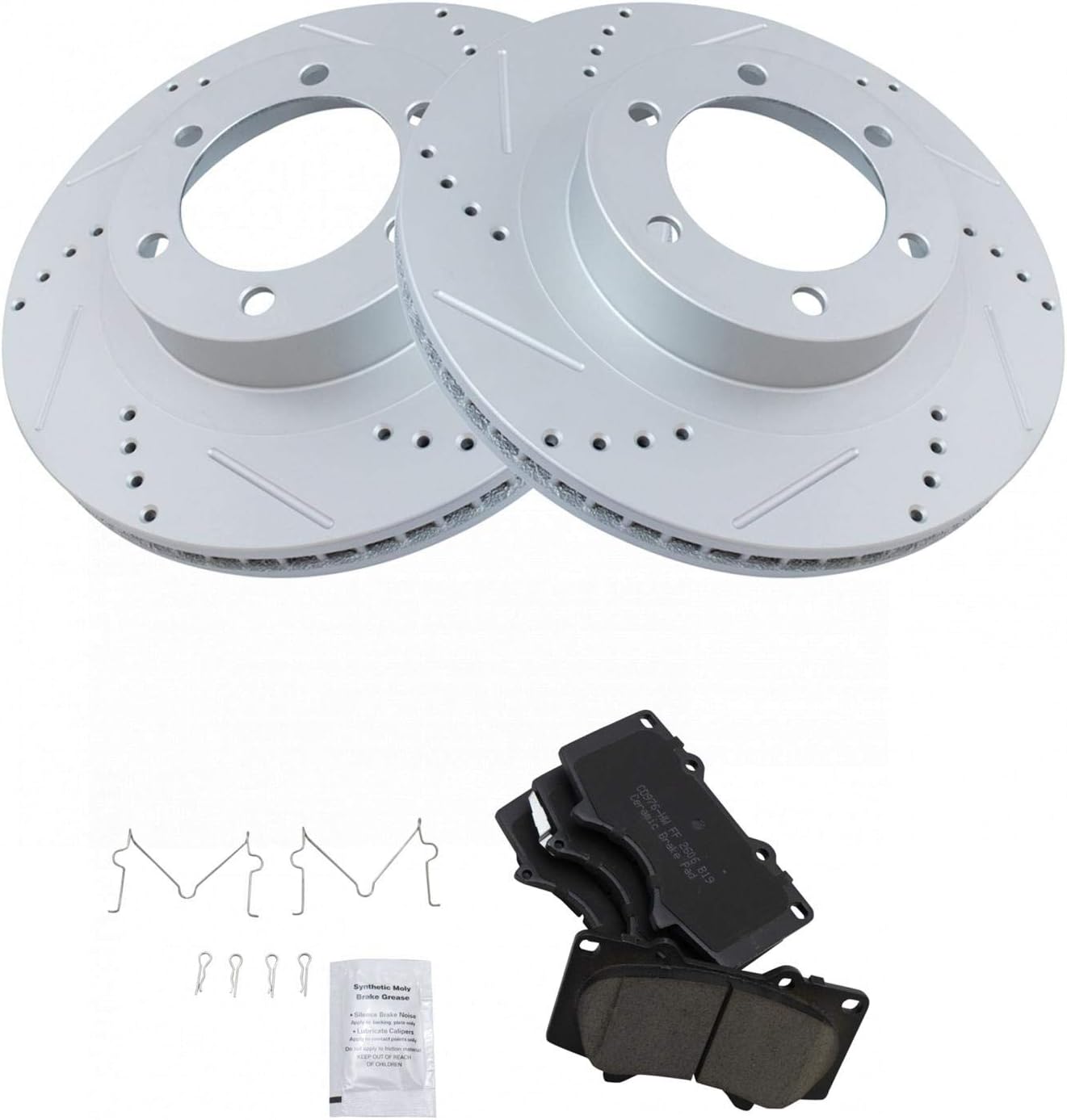 TRQ Performance Front Brake Pad and Rotor Set Ceramic Coated Drilled Slotted Vented Rotors Compatible with 2003-2009 Lexus GX470 Toyota 4Runner