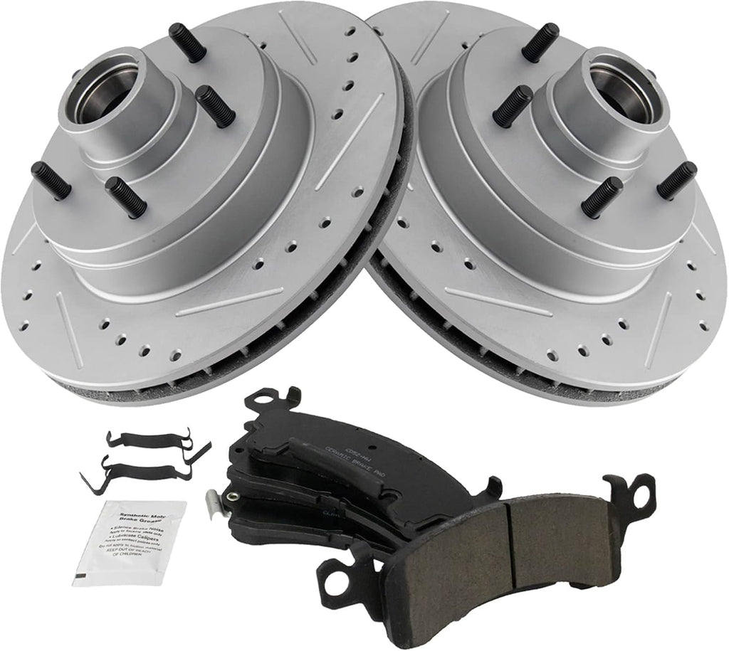 TRQ Performance Front Brake Pad and Rotor Set Ceramic Drilled Coated Rotors Compatible with 91-96 Buick Roadmaster Chevrolet Caprice 94-96 Impala 91-92 Oldsmobile Custom Cruiser Cadillac Brougham