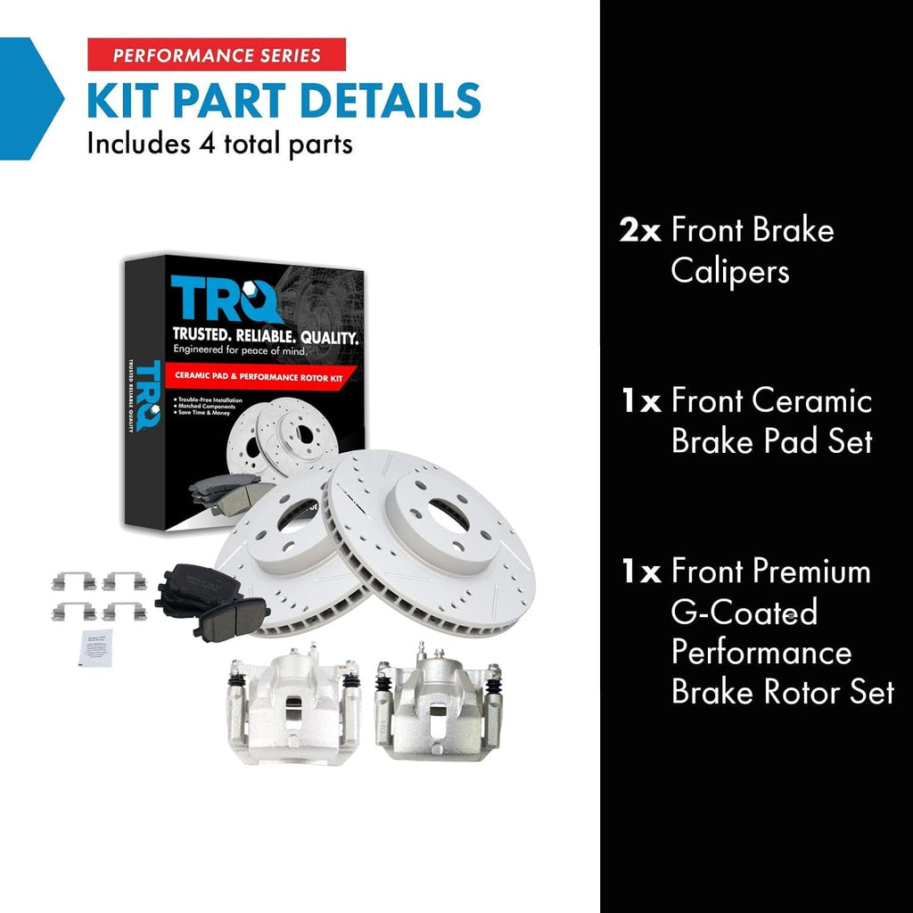 TRQ Performance Front Brake Pad and Rotor Set Ceramic Coated Drilled Slotted Vented Rotors Calipers Compatible with 2003-2008 Toyota Corolla Matrix Pontiac Vibe