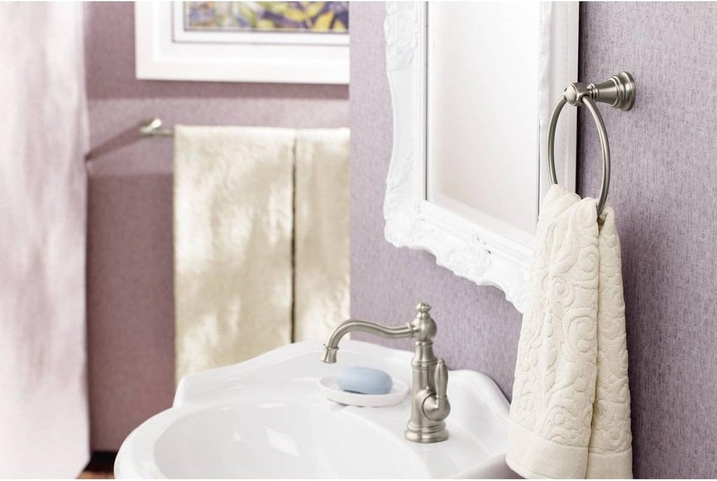 Moen S42107BN Weymouth One-Handle Single Hole Traditional Bathroom Sink Faucet with Drain Assembly, Brushed Nickel