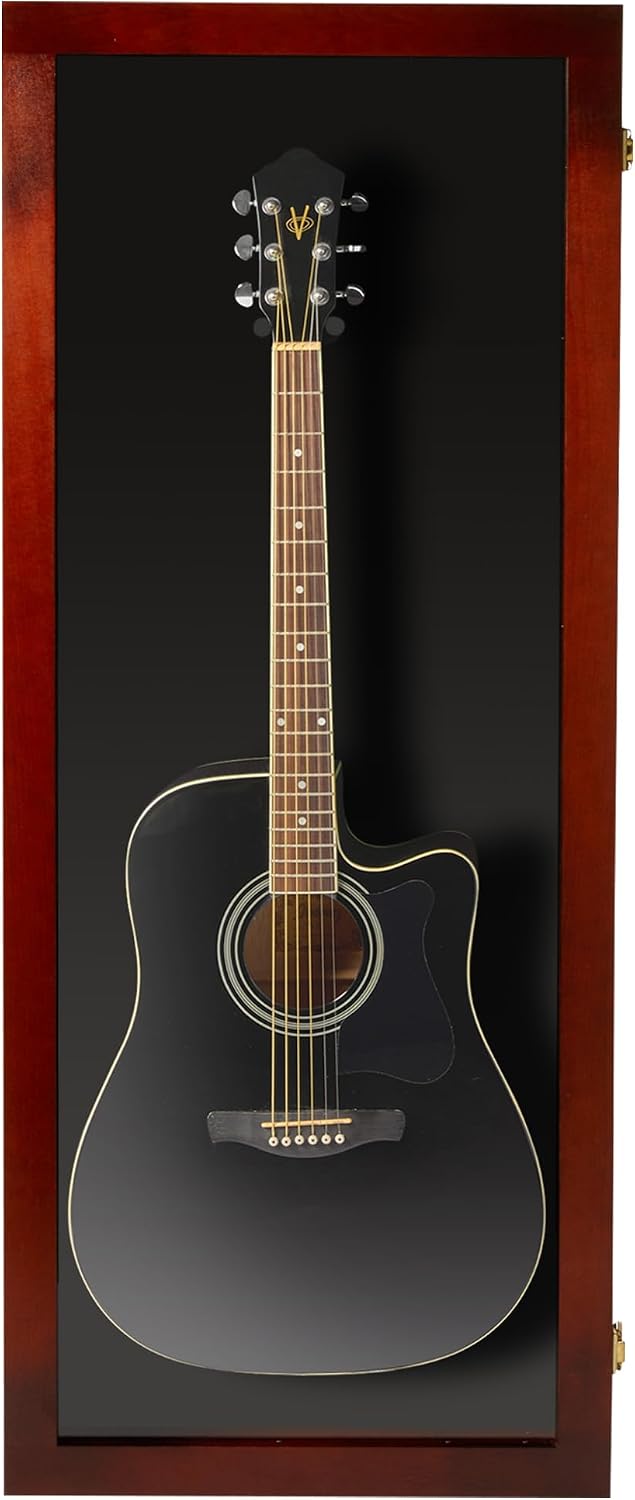 PENNZONI Acoustic Guitar Display Case - Acrylic Acoustic Guitar Case - Guitar Display Case Wall Mount Made from Hardwood Frame & Clear Acrylic - Cherry w/ Black Felt