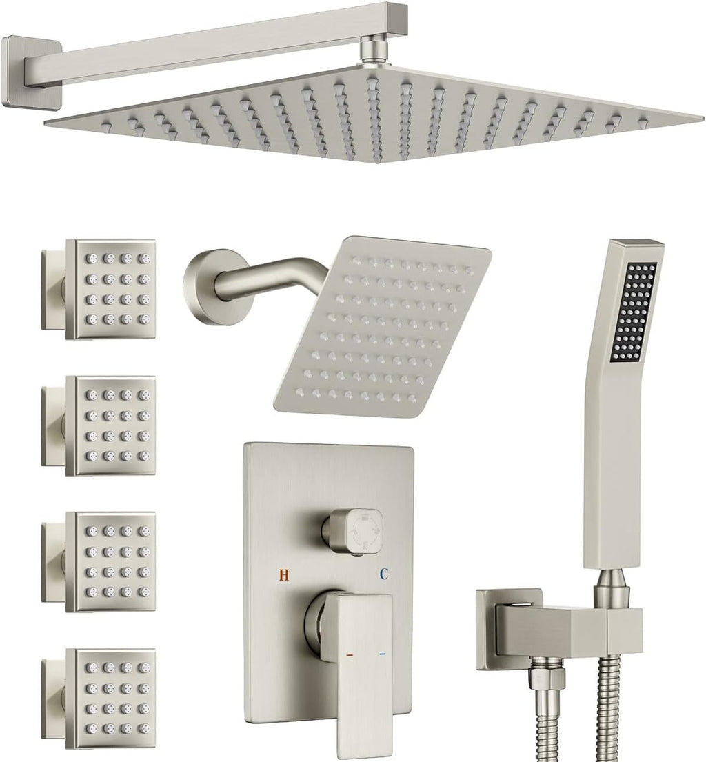 Dual Rainfall Shower Head System with 4 Body Jets, JetsBath Shower Faucet Set Double Shower Head 6-Inch Shower Head & 12' Rain Shower,Luxury Brushed Nickel Shower Faucet Set,Wall-Mounted Shower System