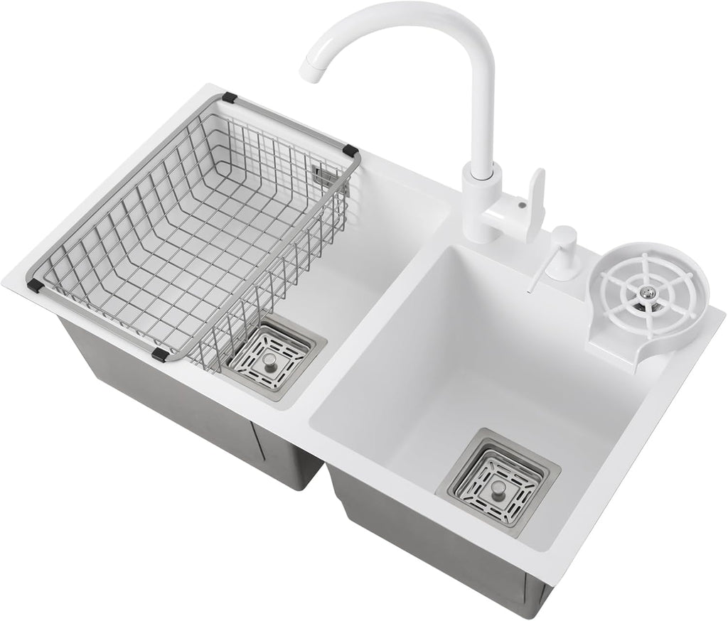 Utility Sinks Kitchen with Cold and Hot Water Fauet 28''x 15'' Stainless Steel Undermount Sink Double Bowl Pressurized Cup Washer Soap Dispenser White