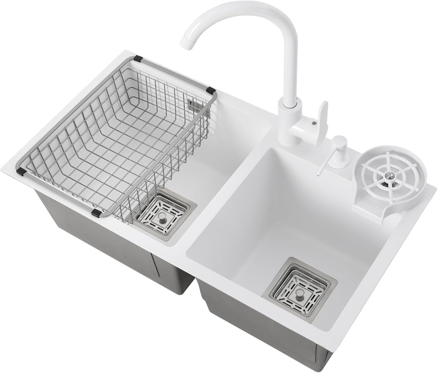 Utility Sinks Kitchen with Cold and Hot Water Fauet 28''x 15'' Stainless Steel Undermount Sink Double Bowl Pressurized Cup Washer Soap Dispenser White