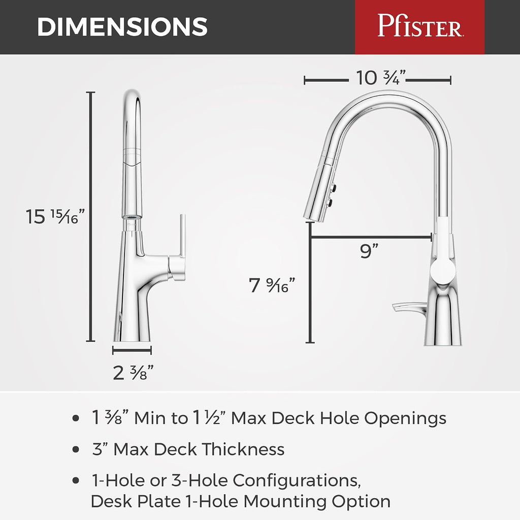 Pfister Tasso Kitchen Faucet with Pull Down Sprayer and Soap Dispenser, Single Handle, High Arc, NSF Certified, Polished Chrome Finish, F5297TSOC