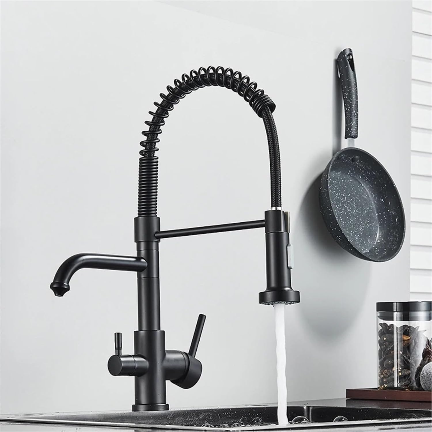 Kitchen Water Filter Faucet Dual Spout Filter Drinking Water Mixer Tap Rotation Taps(Matte Black)