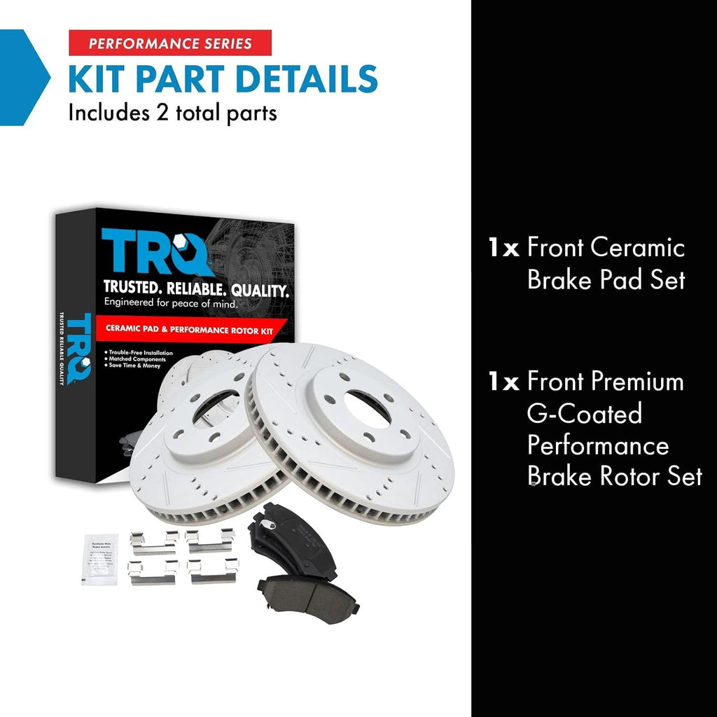 TRQ Performance Front Brake Pad & Rotor Set Ceramic Coated Drilled Rotors Compatible with 97-05 Buick LeSabre Riviera Cadillac DeVille Eldorado Seville 00-05 Chevrolet Impala 00-04 Pontiac Bonneville