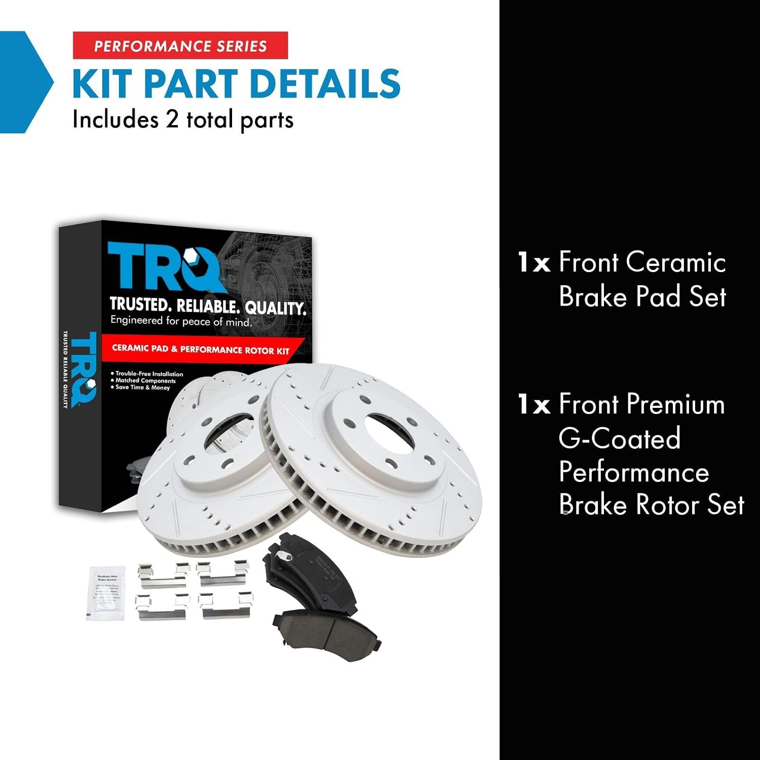 TRQ Performance Front Brake Pad & Rotor Set Ceramic Coated Drilled Rotors Compatible with 97-05 Buick LeSabre Riviera Cadillac DeVille Eldorado Seville 00-05 Chevrolet Impala 00-04 Pontiac Bonneville