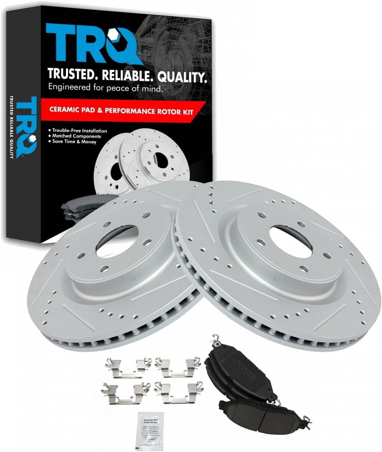 TRQ Performance Front Brake Pad and Rotor Set Ceramic Coated Drilled Slotted Compatible with 2013 Infiniti JX35 2014-2020 QX60 2015-2021 Nissan Murano 2013-2020 Pathfinder