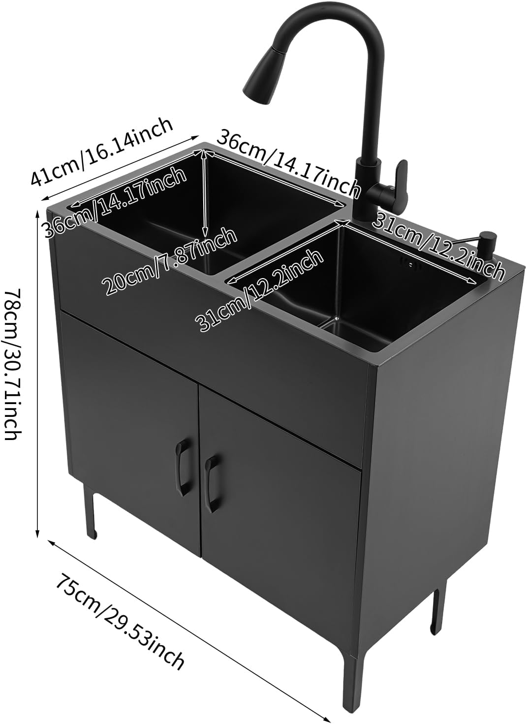 30-Inch Laundry Sink with Cabinet and Pull-Out Sprayer Fauce, Freestanding Kitchen Sink Cabinet w/Stainless Steel Double Sink & Draining Basket, Wash Station Tub for Laundry & Utility Room, Bathroom