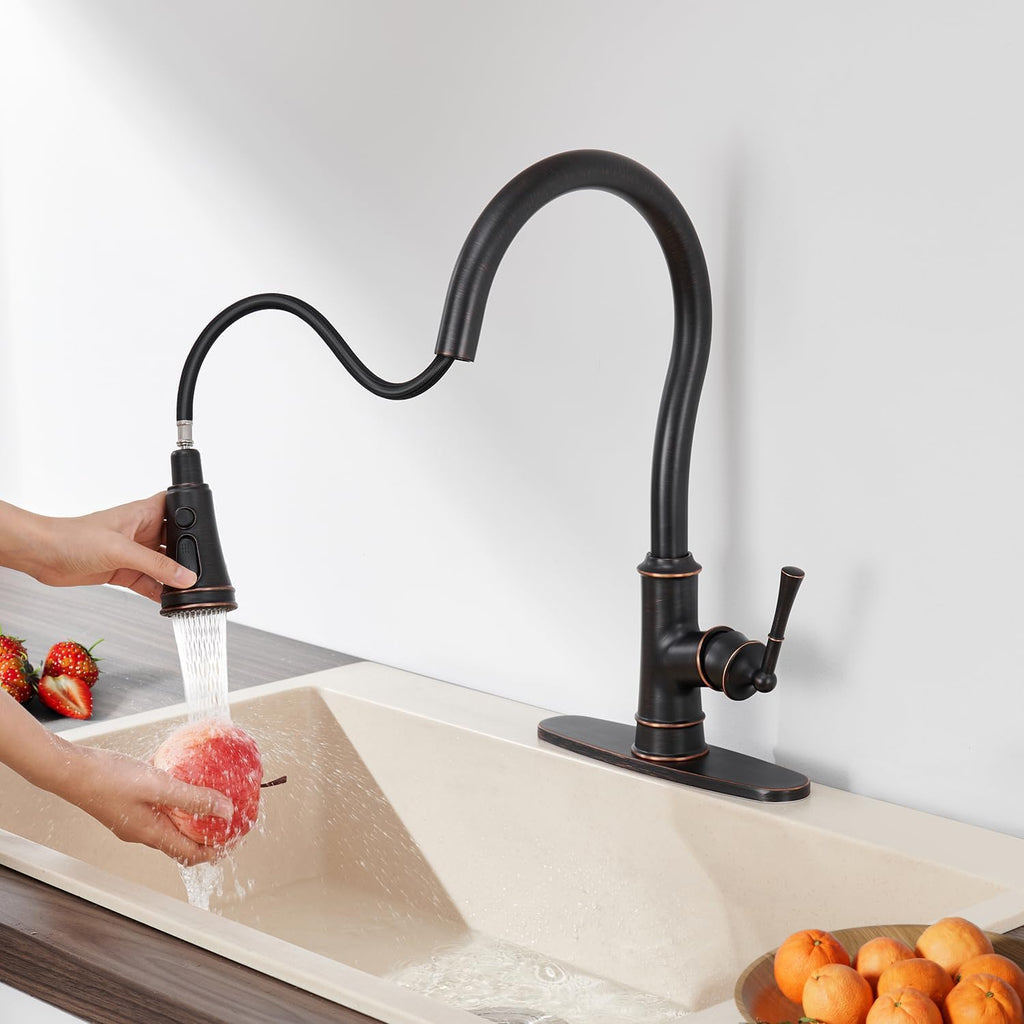 Kitchen Faucets with Pull Down Sprayer, Oil Rubbed Bronze High Arc Antique Brass Single Handle Vintage Kitchen Sink Faucet with 1 or 3 Hole Deck Plate for Farmhouse Laundry Camper Rv Bar