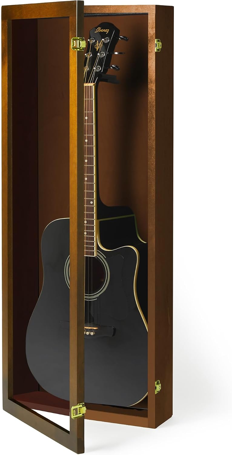 PENNZONI Acoustic Guitar Display Case - Acrylic Acoustic Guitar Case - Guitar Display Case Wall Mount Made from Hardwood Frame & Clear Acrylic - Walnut w/No Felt