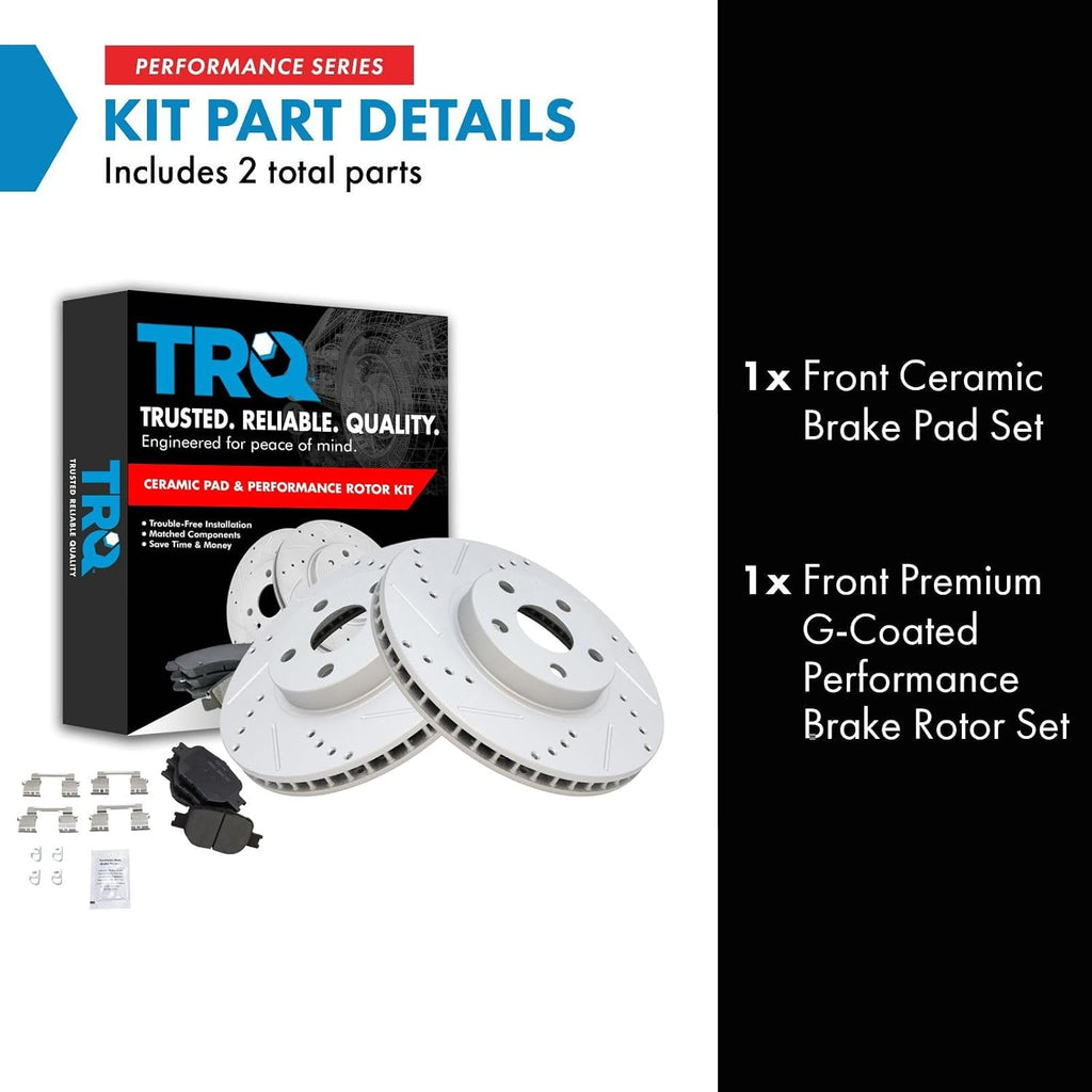 TRQ Performance Front Brake Pad and Rotor Set Ceramic G Coated Drilled Slotted Vented Rotors Compatible with 2005-2010 Scion tC 2000-2005 Toyota Celica