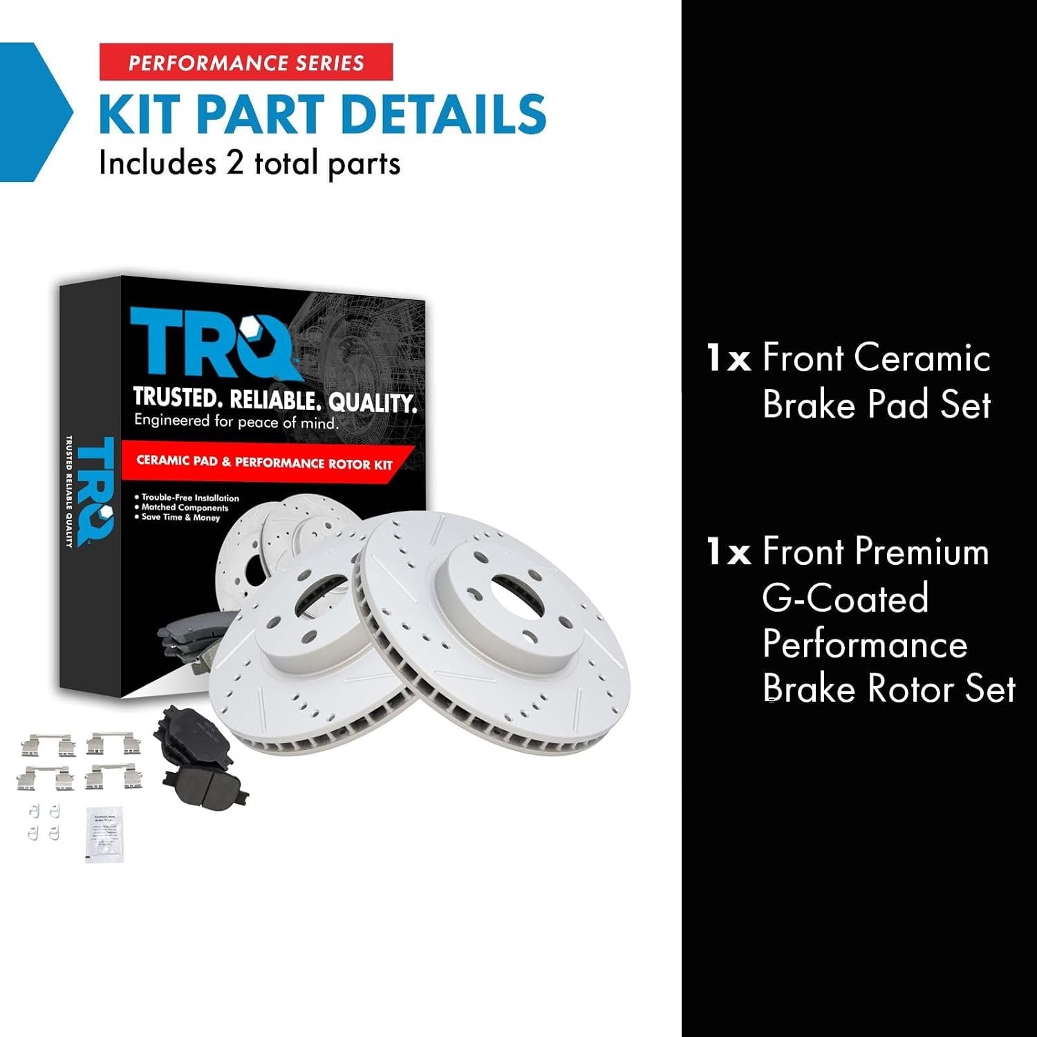 TRQ Performance Front Brake Pad and Rotor Set Ceramic G Coated Drilled Slotted Vented Rotors Compatible with 2005-2010 Scion tC 2000-2005 Toyota Celica