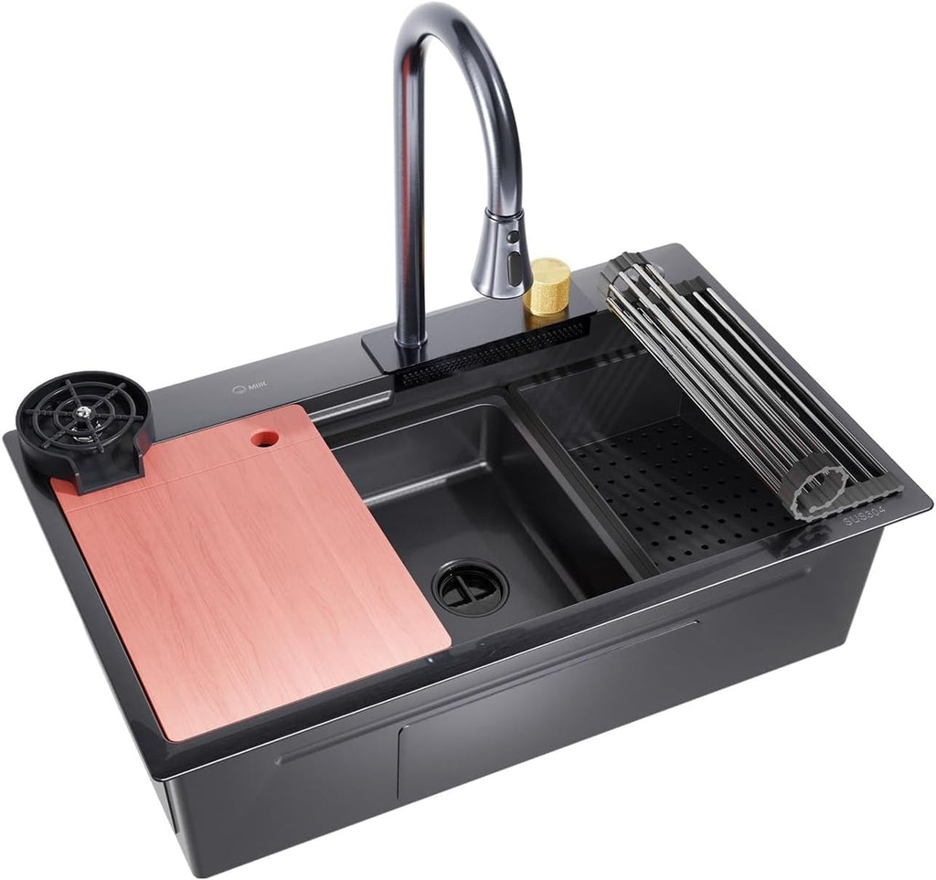 Drop In Kitchen Sink with Faucet, 29.5x17.7x10' Basin Depth Undermount Kitchen Sinks, Stainless Steel Sink with Cup Washer, Drain Strainer, Cutting Board, Colander, Storage Basket & Roll-up Rack
