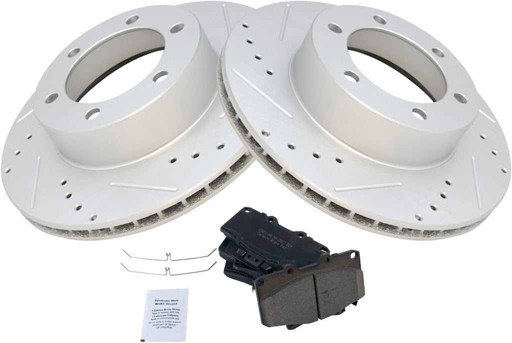 TRQ Performance Front Ceramic Brake Pad and Rotor Set Coated Drilled Slotted Compatible with 1996-2000 Toyota 4Runner with 16 Inch Wheels