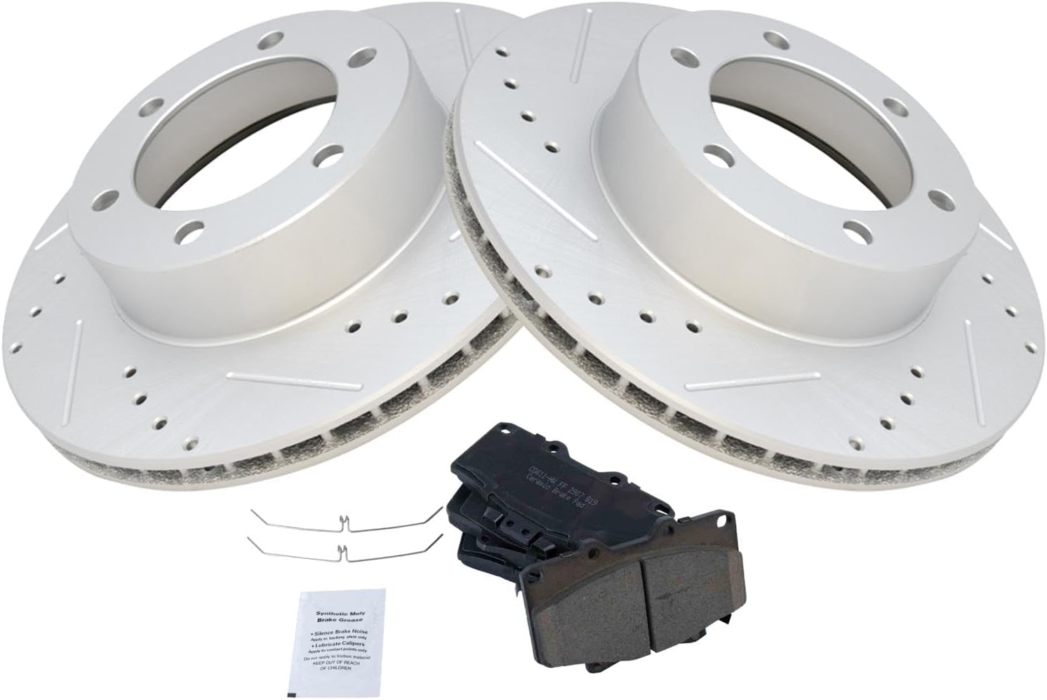 TRQ Performance Front Ceramic Brake Pad and Rotor Set Coated Drilled Slotted Compatible with 1996-2000 Toyota 4Runner with 16 Inch Wheels