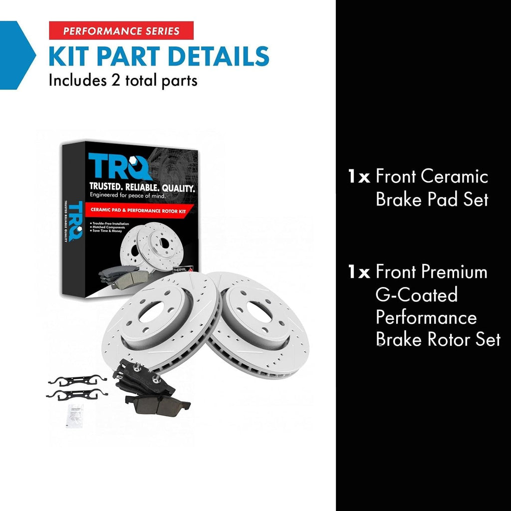 TRQ Performance Front Brake Pad and Rotor Set Ceramic Drilled Slotted Coated Rotors Compatible with 2011-2016 Dodge Durango Grand Cherokee