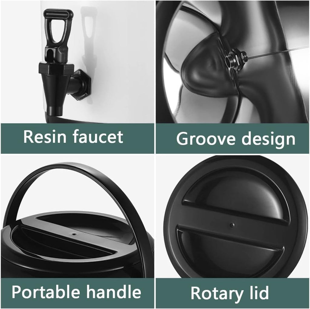 6L 8L 10L 12L Urn Boiler Hot and Cold Water Dispenser Stainless Steel Tea Hot Water Bottle with Faucet Portable Handle Large Capacity Sealing for Catering Office Hotels Party (Color : Black, Size :