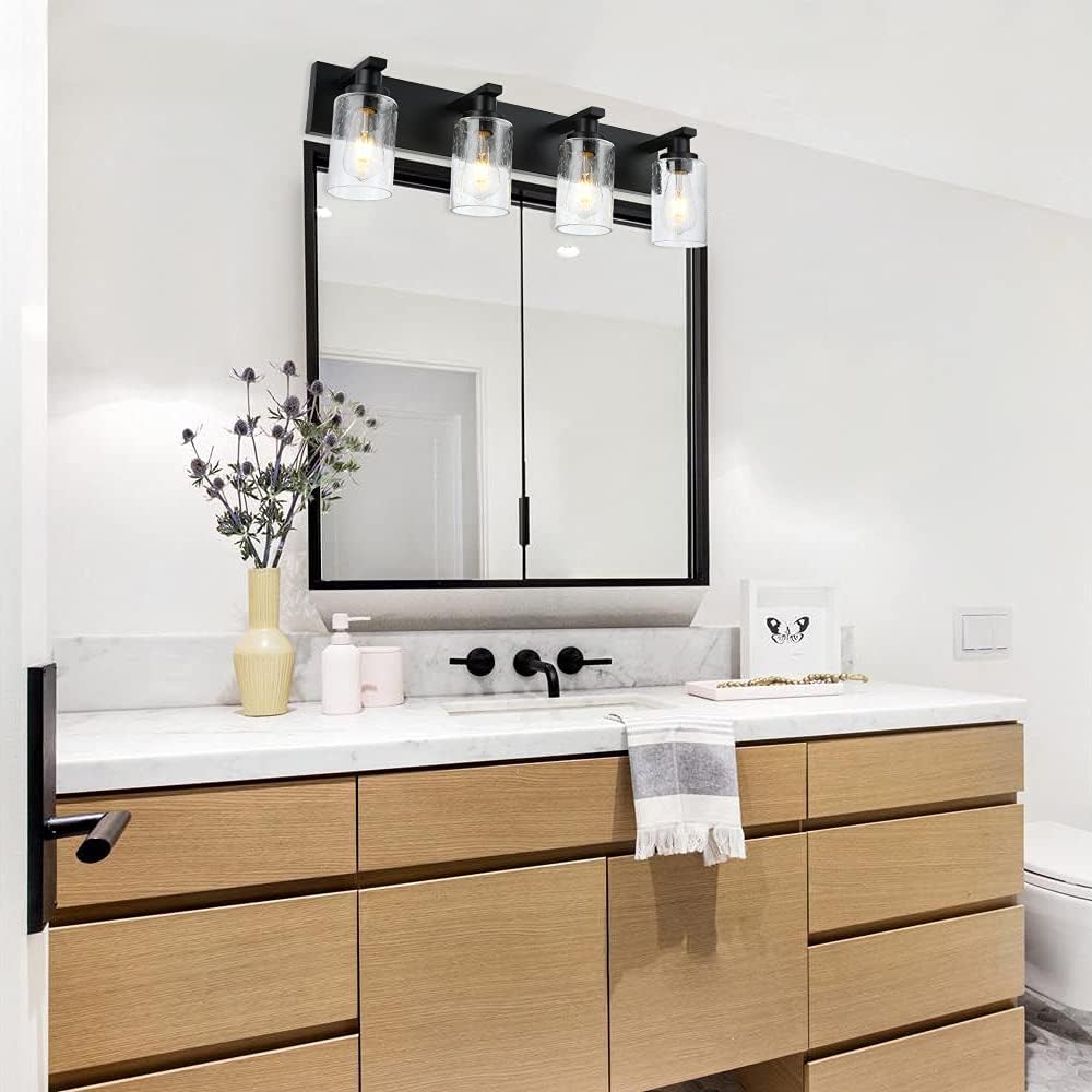 Bathroom Vanity Light Fixtures 4-Lights Seeded Glass Cylinder Shade Modern Farmhouse Wall Sconce Lighting Bath Vanity Lights Over Mirror