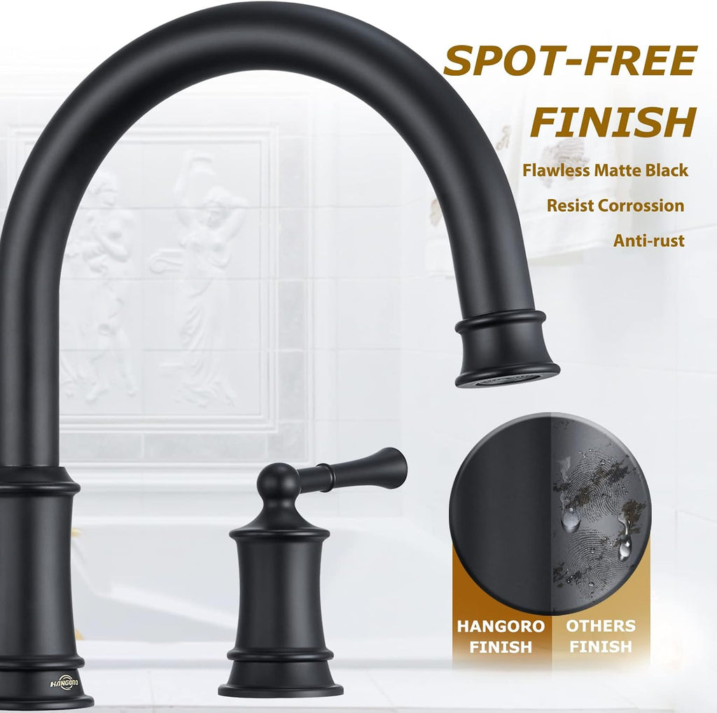 Matte Black Roman Tub Faucet, Antique Bathtub Faucet Set 3 Hole, High Flow Bath Tub Faucet 12-16 inch Widespread, Solid Brass Tub Filler 2 Handle 360° Swivel Spout Rough-in Valve(B2307-BK)