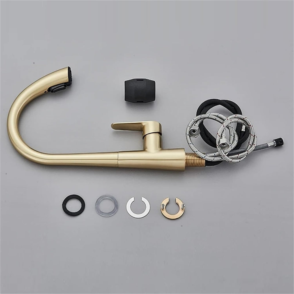 Kitchen Faucet Single Handle Pull Out Mixer Hot and Cold Water Taps Deck Mounted 360 Rotation Mixer Tap(Brushed Gold)
