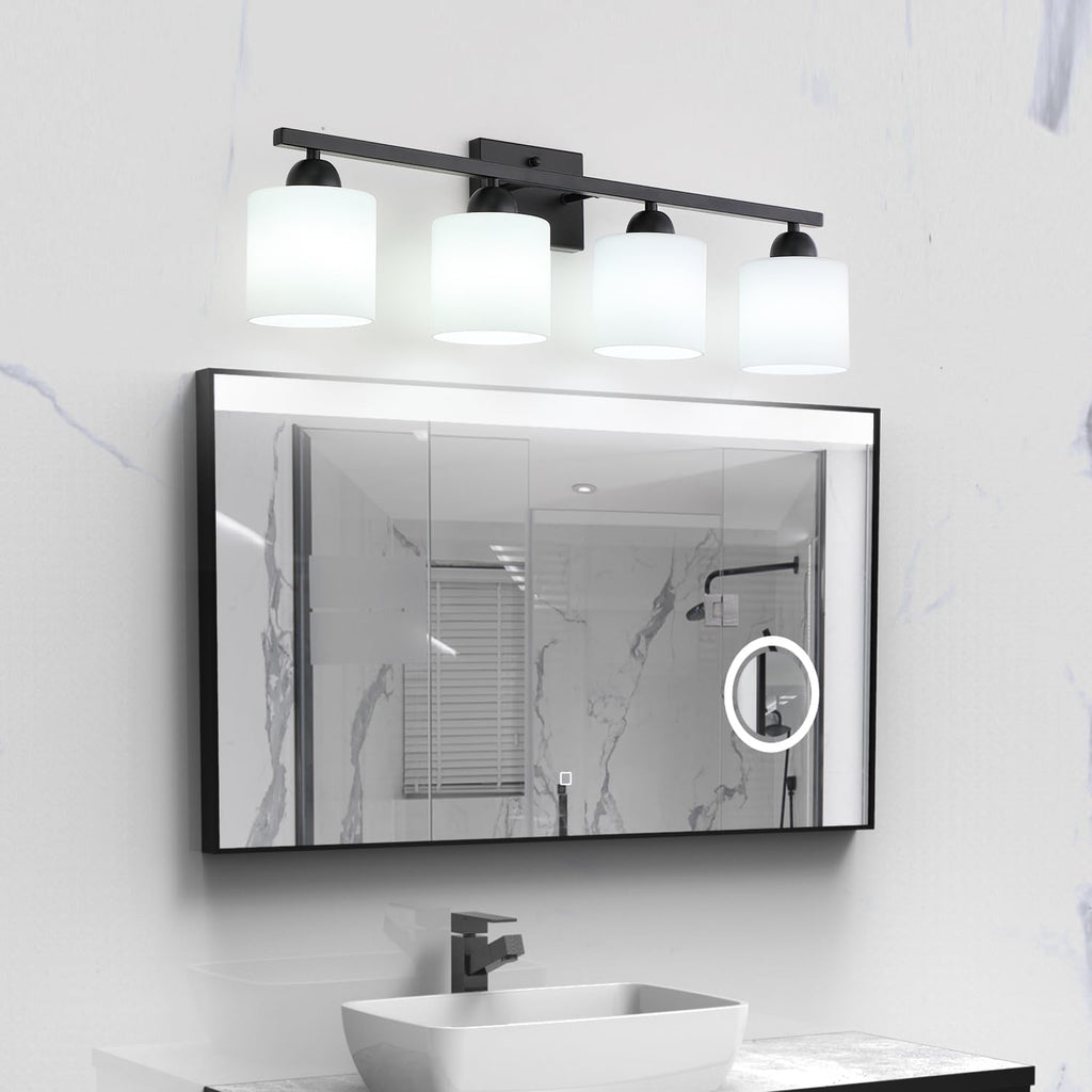 Mecgirn Milk Glass Vanity Lights for Bathroom, 4 Light Matte Black Bathroom Light Fixtures Over Mirror, Ceramic E26 Sockets Wall Mounted