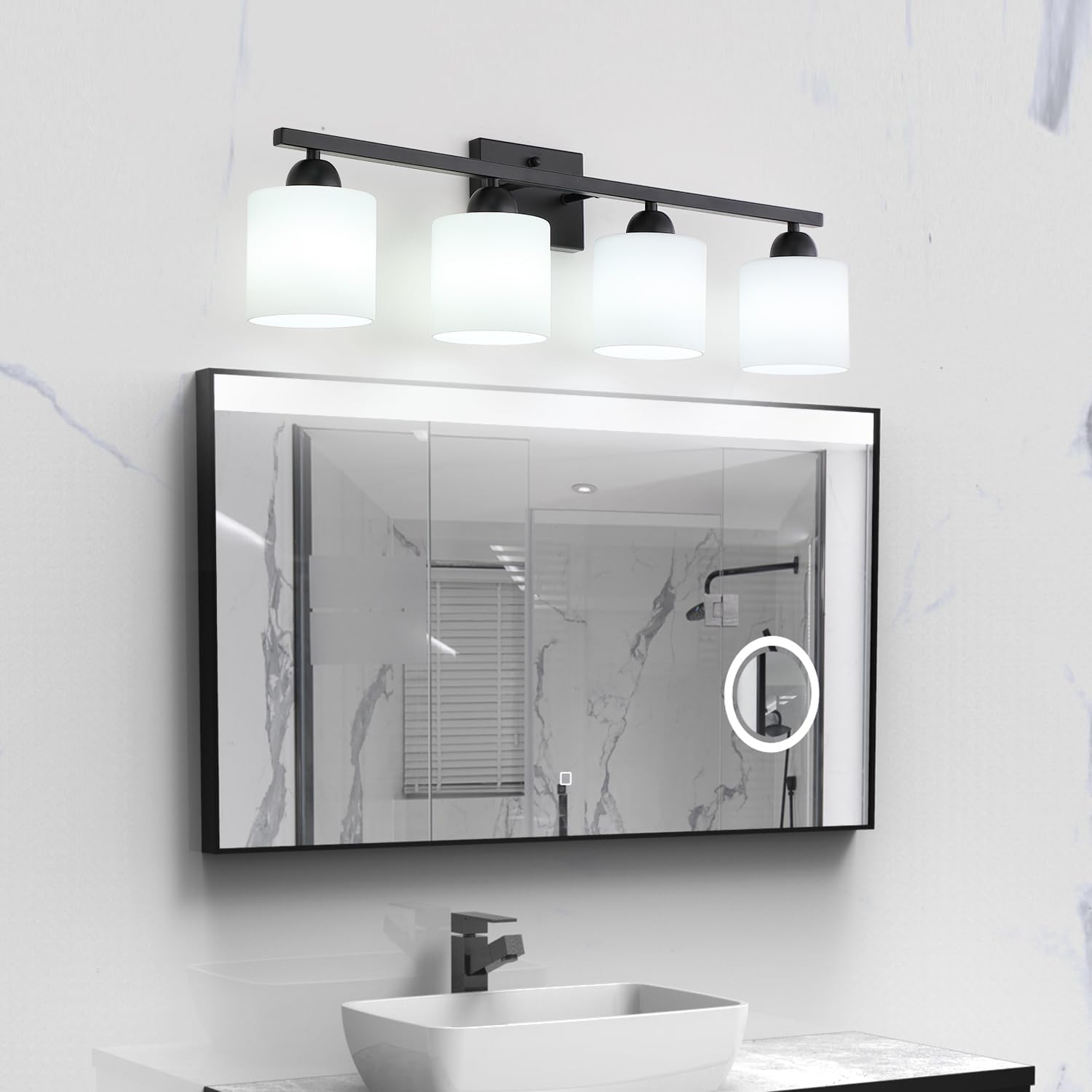 Mecgirn Milk Glass Vanity Lights for Bathroom, 4 Light Matte Black Bathroom Light Fixtures Over Mirror, Ceramic E26 Sockets Wall Mounted