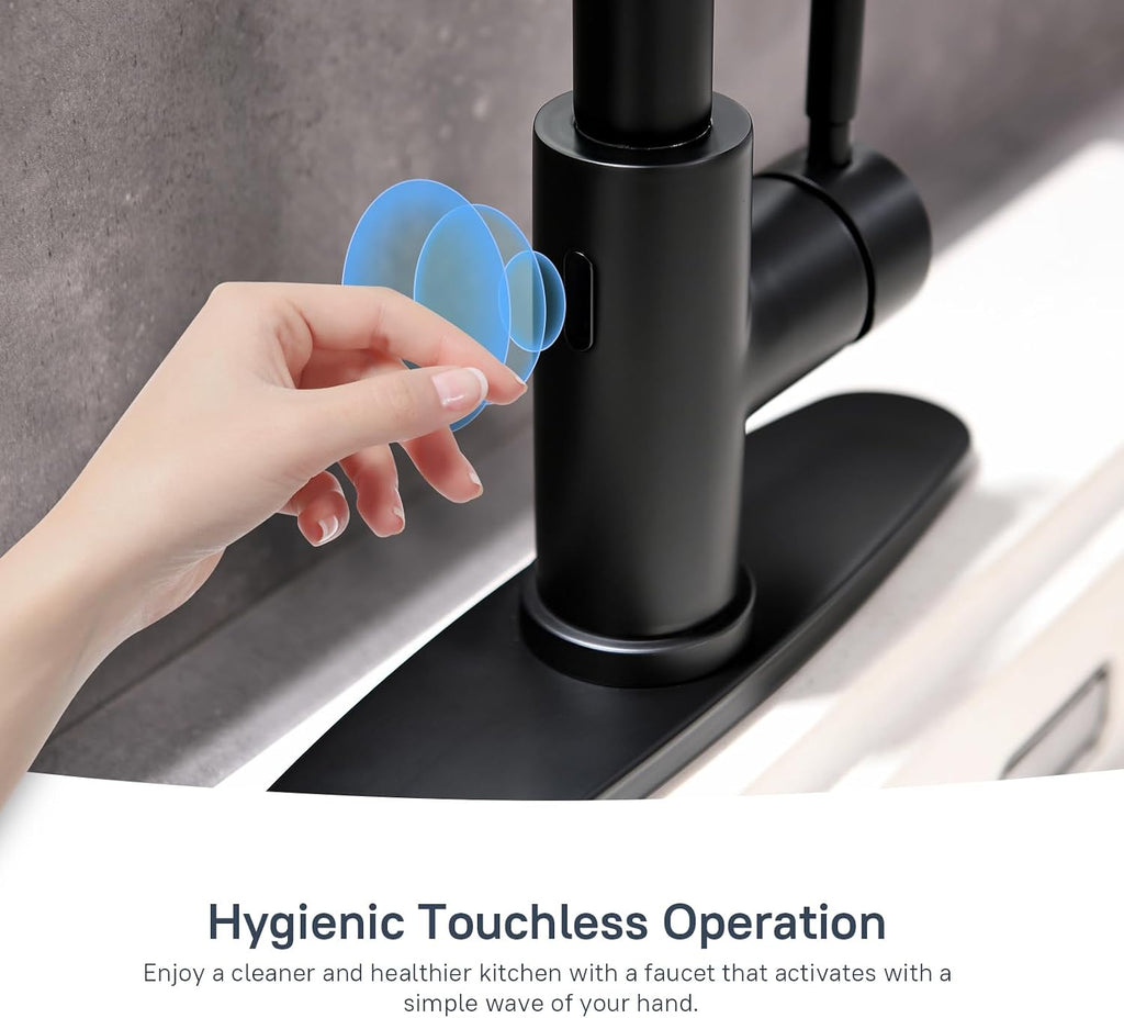 Arofa Black Touchless Bathroom Faucets, Kitchen Faucet with Pull Down Sprayer, Smart Motion Sensor Kitchen Sink Faucet, Stainless Steel Single Handle Kitchen Faucet, Matte Black