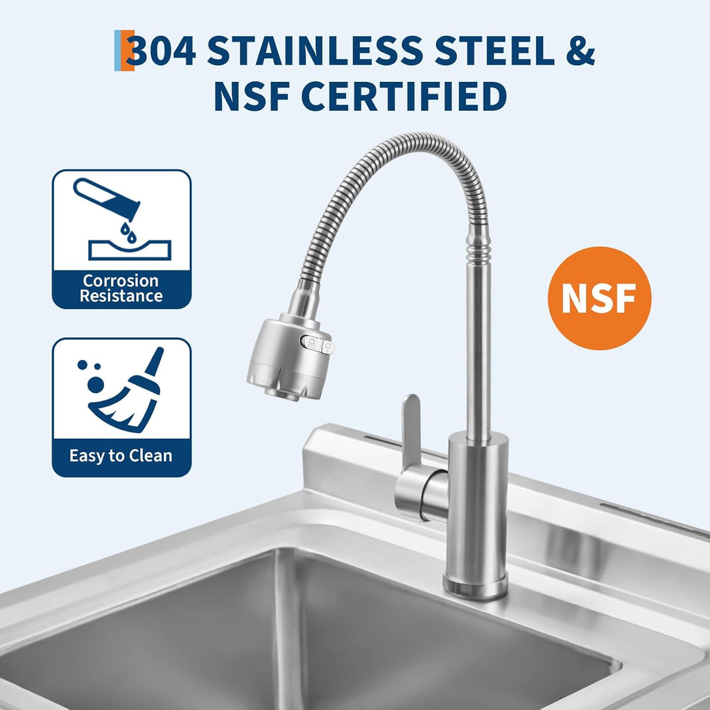 Garvee 2 Compartment Stainless Steel Commercial Sink, Double Bowl Utility Sink with 360° Swivel Faucet, Storage Shelf & Adjustable Feet, Freestanding Prep Sink for Restaurant, Garage, Workshop, Outdoo