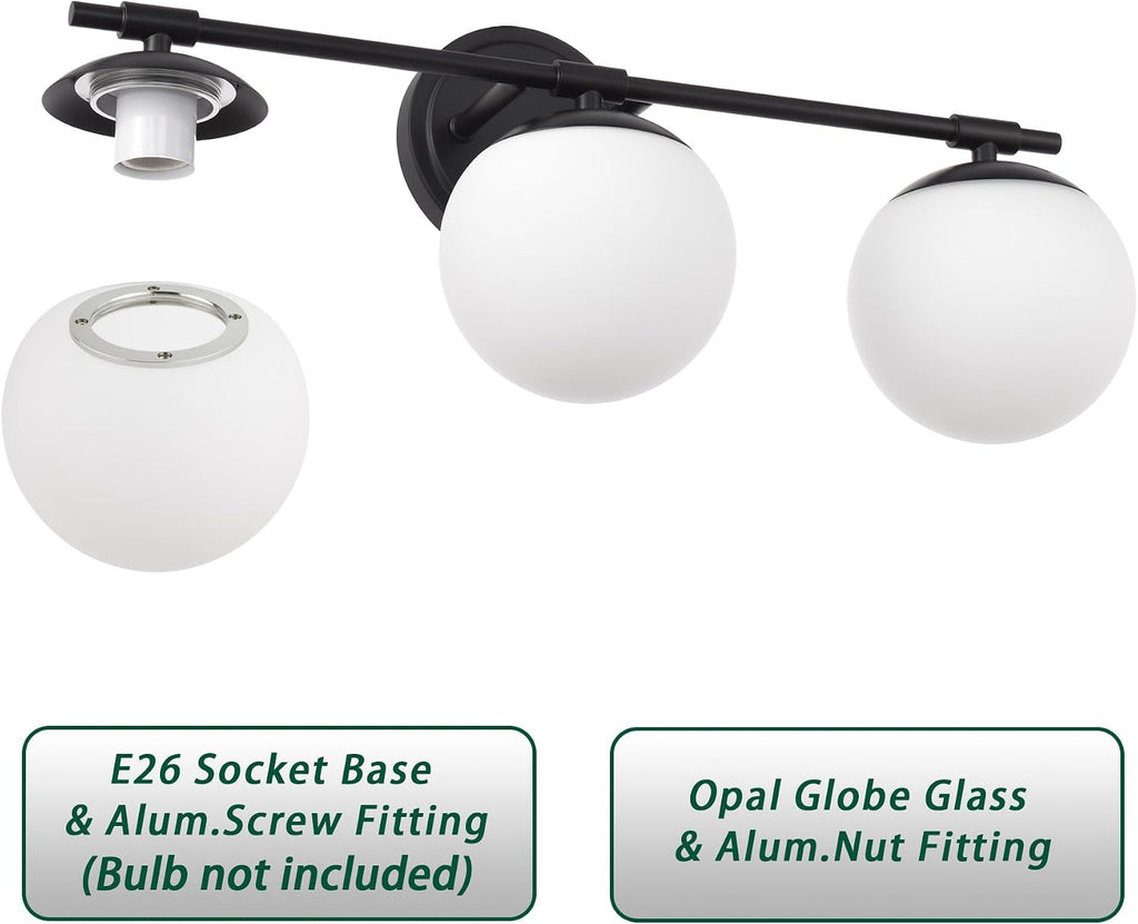 Black Bathroom Vanity Light Fixtures, 3 Light Globe Wall Sconce Lighting Over Mirror, Modern Vanity Lights for Bathroom, Mirror Cabinets Hallway Stairs, Standard E26 Base, Matte Black