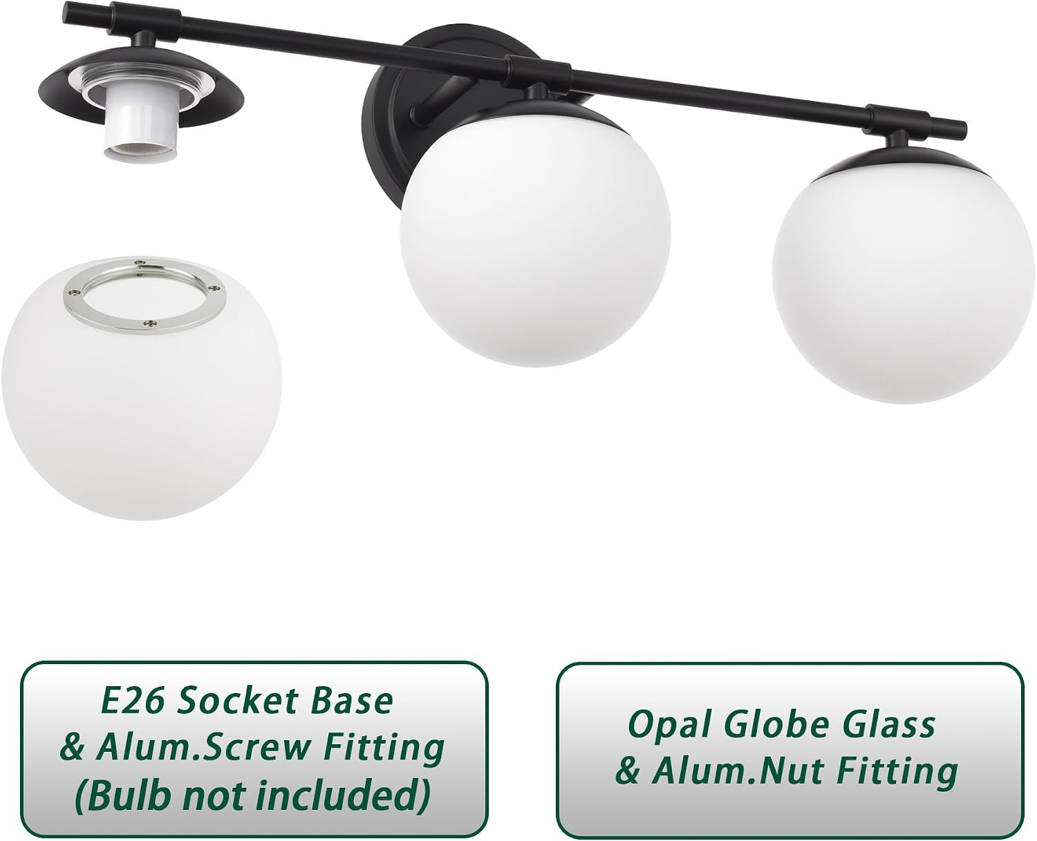 Black Bathroom Vanity Light Fixtures, 3 Light Globe Wall Sconce Lighting Over Mirror, Modern Vanity Lights for Bathroom, Mirror Cabinets Hallway Stairs, Standard E26 Base, Matte Black