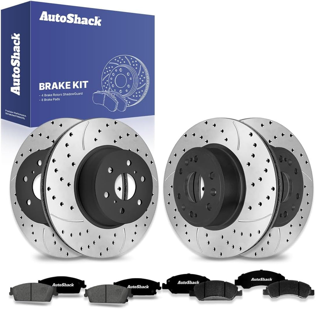 AutoShack Front & Rear Brake Rotors & Premium Pads for Chevrolet & GMC, Silverado 1500 2007-2013 Sierra 1500 2007-2013, 4WD RWD AWD V8 4.8L 5.3L 6.0L 6.2L - E-Coated Drilled & Slotted - ShadowGuard