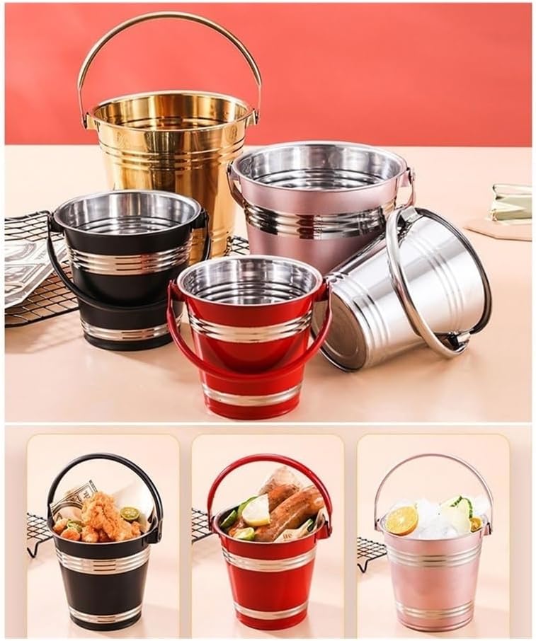 Ice Bucket, 304 Stainless Steel Ice Bucket Bar Restaurant Ice Grain Bucket French Fries Fried Chicken Snacks Carry Bucket Champagne Red Wine Bucket Ice Buckets for Parties(Black,Large)