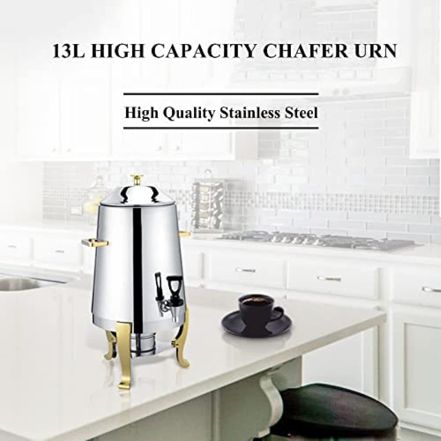 POUR Stainless Steel Commercial Coffee Urn with Chrome Accents - Hot Drinks Dispenser with Lid - 3.5 Gallons, Gold, Friendly321