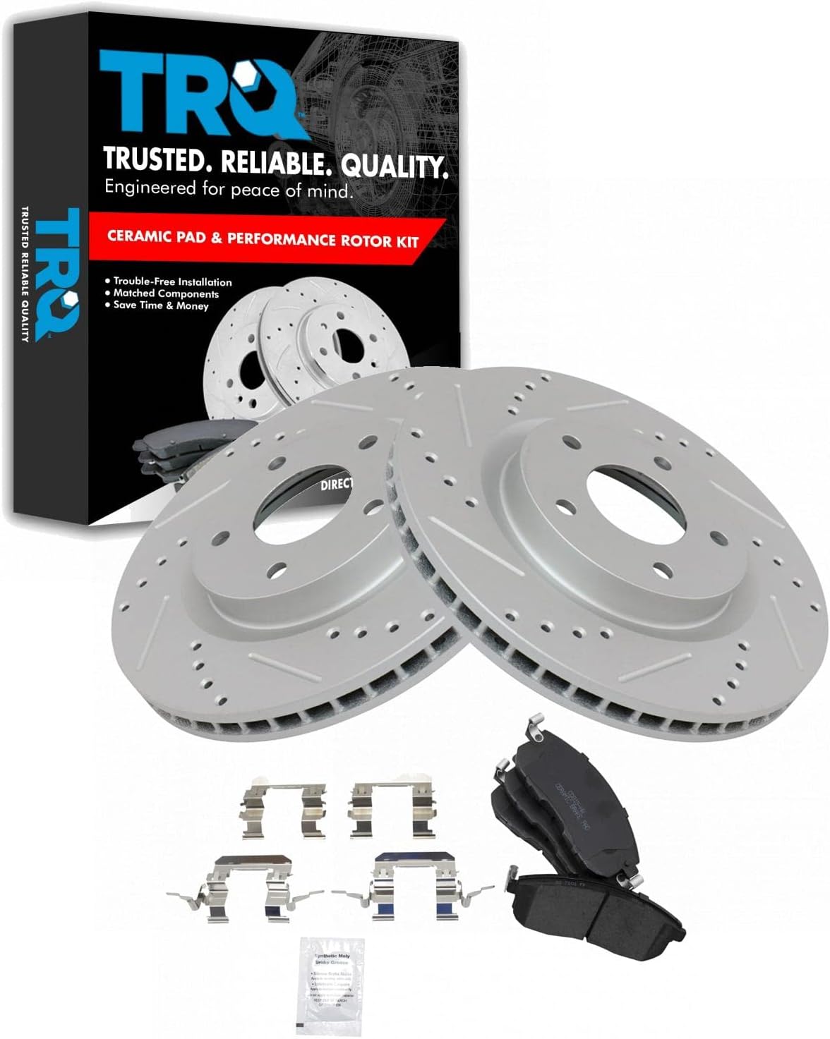 TRQ Performance Front Brake Pad and Rotor Set Ceramic G Coated Drilled Slotted Rotors Compatible with 2007-2012 Nissan Sentra
