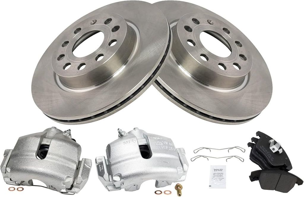 TRQ Front Brake Pad and Rotor Set Semi Metallic Calipers Compatible with 2013 Volkswagen GTI 2011 Jetta