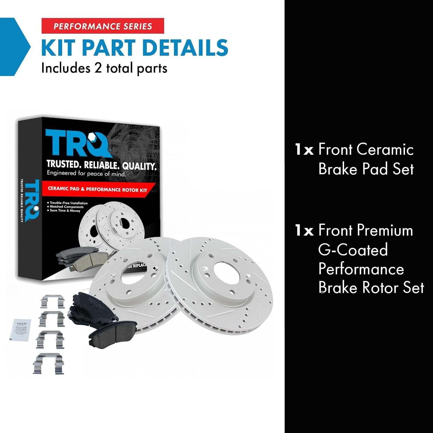 TRQ Performance Front Brake Pad and Rotor Set Ceramic Drilled Slotted Coated Vented Rotors Compatible with 2003-2008 Hyundai Tiburon 2005-2009 Tucson 2005-2010 Kia Sportage