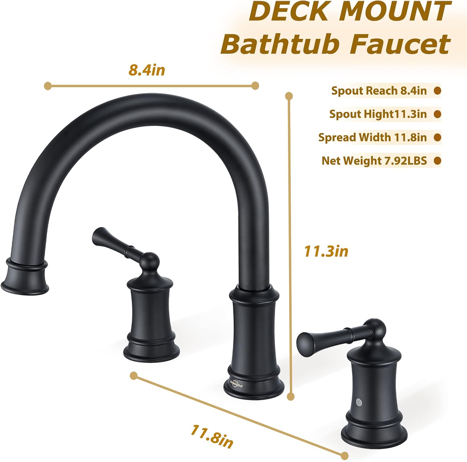 Matte Black Roman Tub Faucet, Antique Bathtub Faucet Set 3 Hole, High Flow Bath Tub Faucet 12-16 inch Widespread, Solid Brass Tub Filler 2 Handle 360° Swivel Spout Rough-in Valve(B2307-BK)