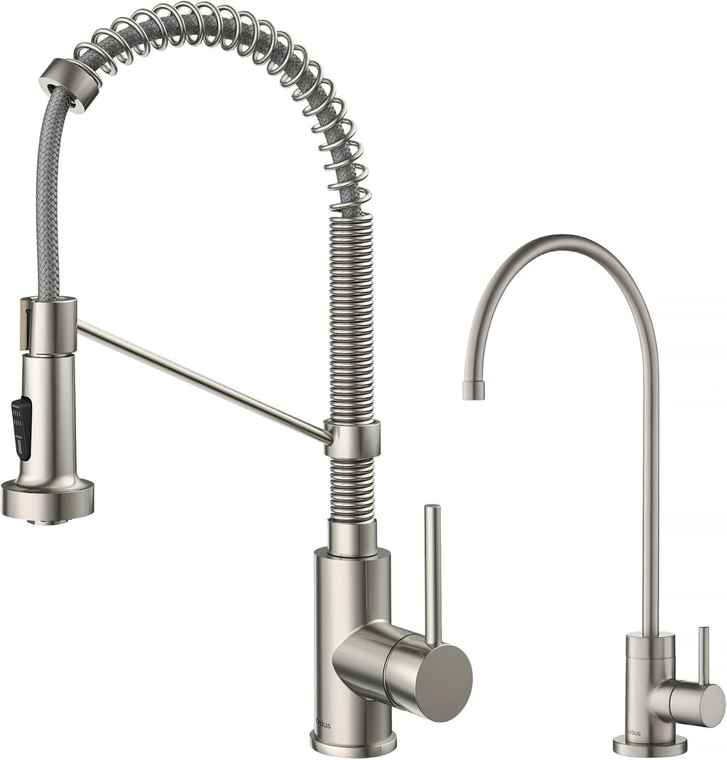 KRAUS Bolden Commercial Style Pull-Down Kitchen Faucet and Purita Water Filter Faucet Combo in Spot Free Stainless Steel, KPF-1610-FF-100SFS