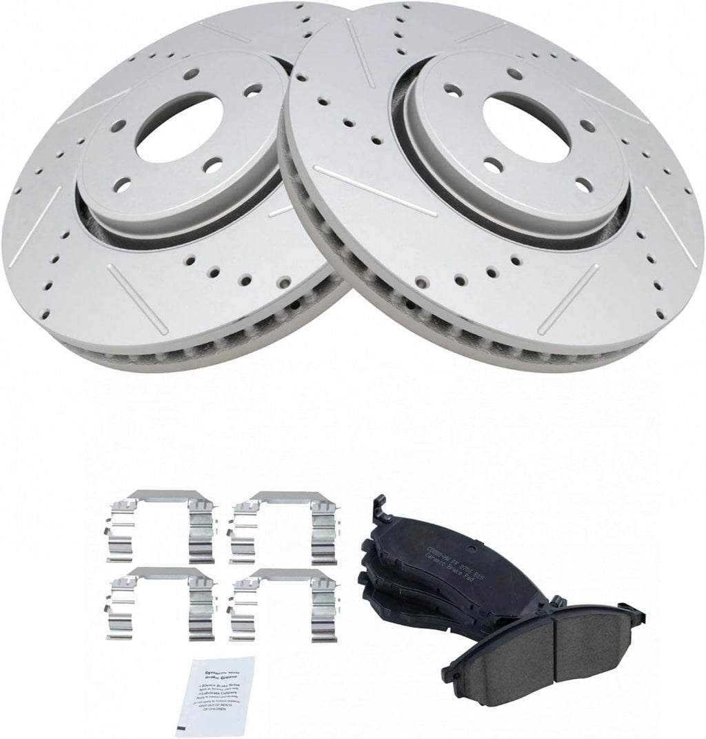 TRQ Performance Front Brake Pad and Rotor Set Ceramic Vented Coated Drilled Slotted Compatible with 2005-2012 Infiniti FX35 2005-2008 FX45 2013 FX37 2014 QX70