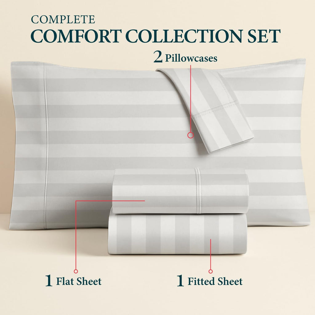 100% Egyptian Cotton Sheet Set Queen Size - Luxury 1500 Series Prestige Collection Damask Queen Sheet Set (4 PC, White Stripe), Soft Cooling, Sateen Weave Sheets, 17' Deep Pocket