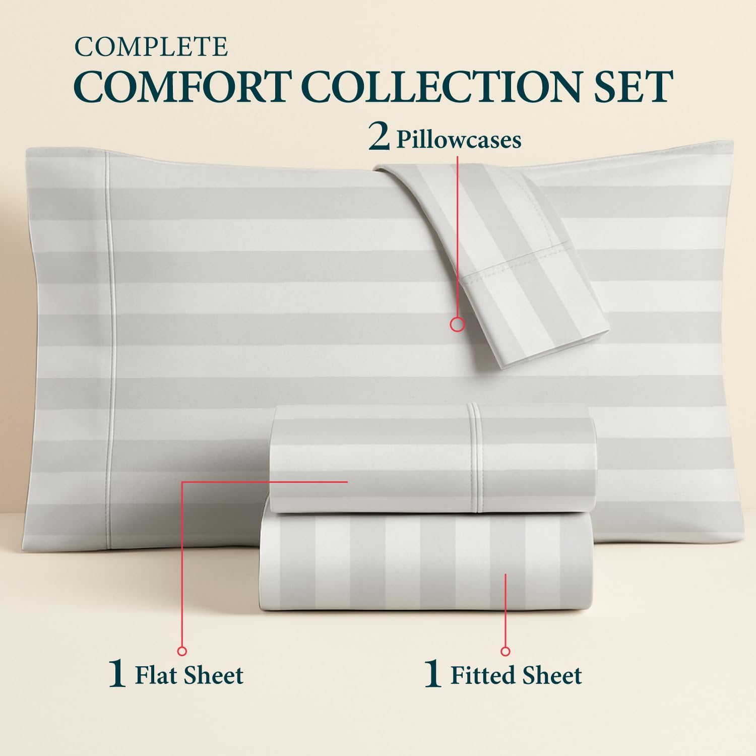 100% Egyptian Cotton Sheet Set Queen Size - Luxury 1500 Series Prestige Collection Damask Queen Sheet Set (4 PC, White Stripe), Soft Cooling, Sateen Weave Sheets, 17' Deep Pocket