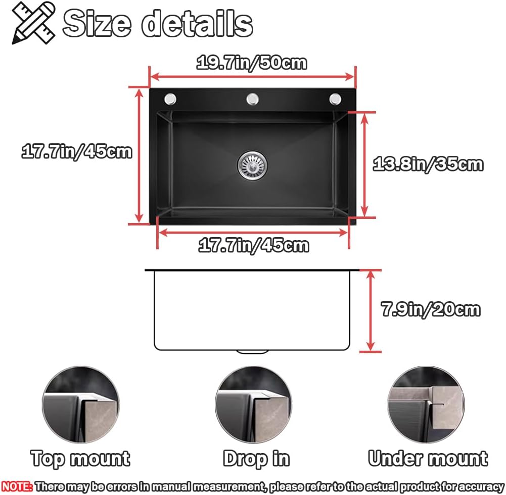 19.7 * 17.7in Drop In Kitchen Sink,Black Stainless Steel Single Bowl Sink,Topmount Workstation Sink With Pull Out Faucet,Soap Dispenser And Drain Basket